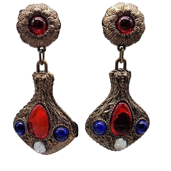 Vintage 1960s 70s Boho Clip On Earrings Red Blue White Cabochon Gold Tone Dangle - Picture 10 of 13